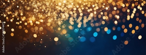 abstract glitter lights as the background. Alter the colors to antique gold and royal blue, maintaining the de-focused style and banner format.