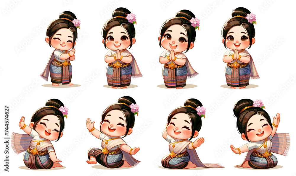 Fototapeta premium chubby Thai girl wearing traditional Thai attire, performing a beautiful Thai wai