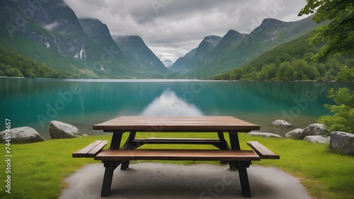 Picnic wooden bench  table near lake in the mountains photo