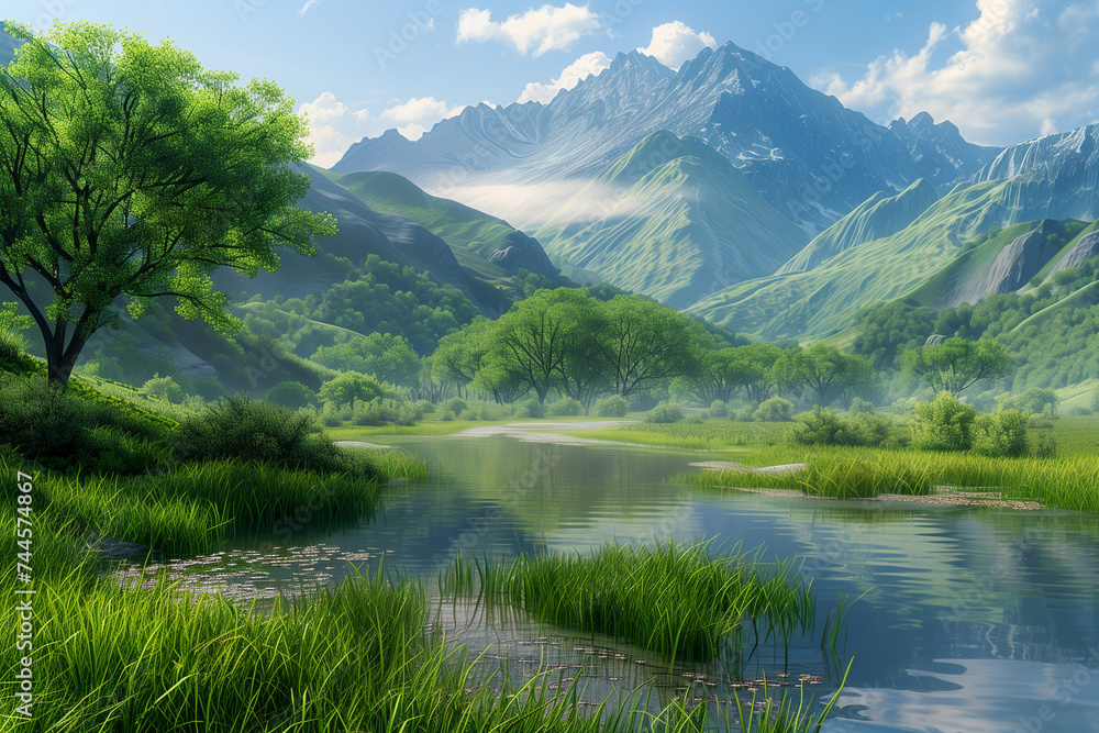Verdant hillside landscape with water and mountain backdrop