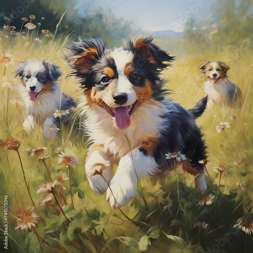 Playful puppies in a meadow 