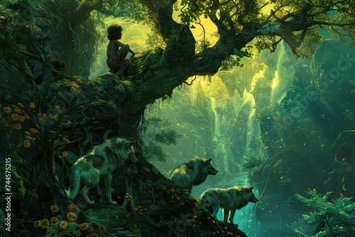 Mowgli  a Swarthy Wild Boy on a Beautiful Tree in a Lush Jungle Next to Big Black Panther  A Wild Child