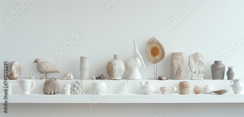 The arrangement of objects on the white shelf is a masterclass in balance and composition, creating visual poetry in every corner.
