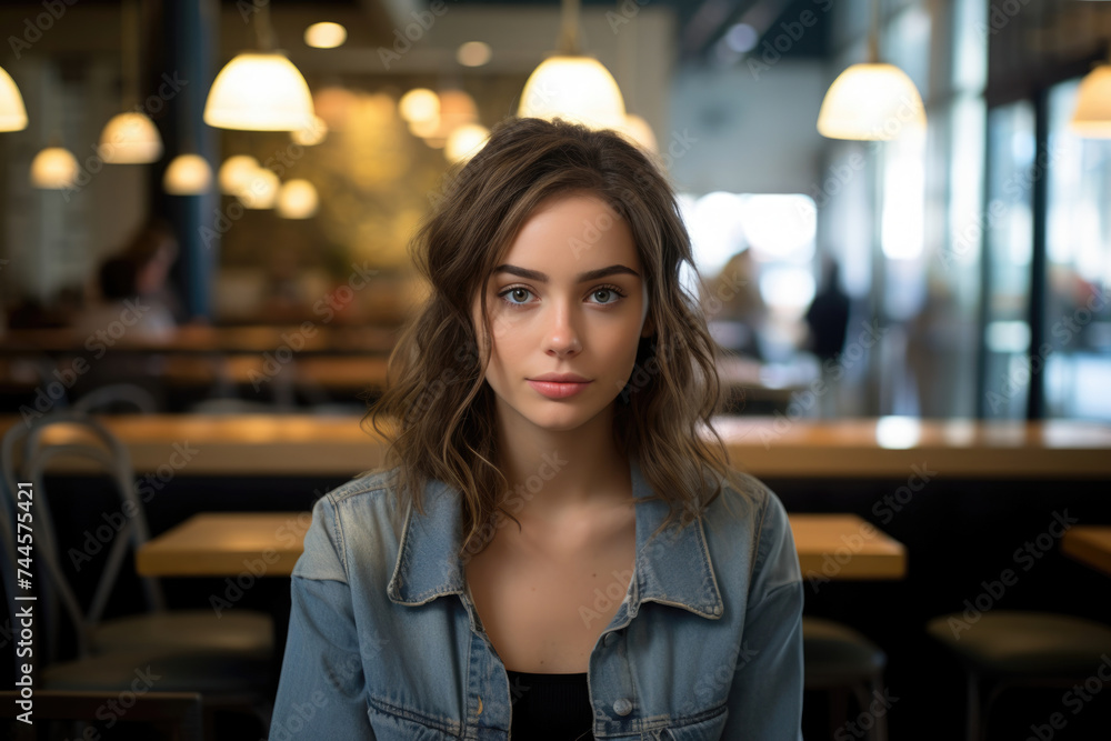 One brunette woman in a Restaurant: a Casual young woman with wavy hair and a denim jacket seated in a cafe, her gaze conveying relaxed curiosity. One brunette woman in a Restaurant: a Casual young woman with wavy hair and a denim jacket seated in a cafe, her gaze conveying relaxed curiosity.