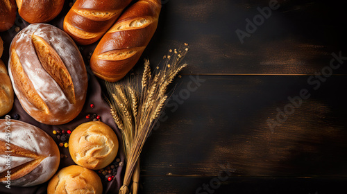 Fresh bread buns loaves rolls on rustic black wooden background