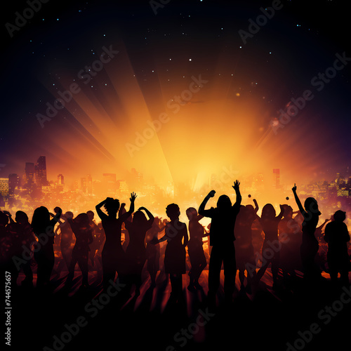 Silhouettes of people dancing at a music festival 