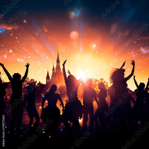Silhouettes of people dancing at a music festival 