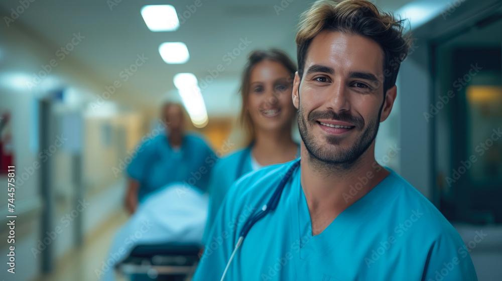 Fototapeta premium Joyful Paramedic with Stretcher Assisting Patient