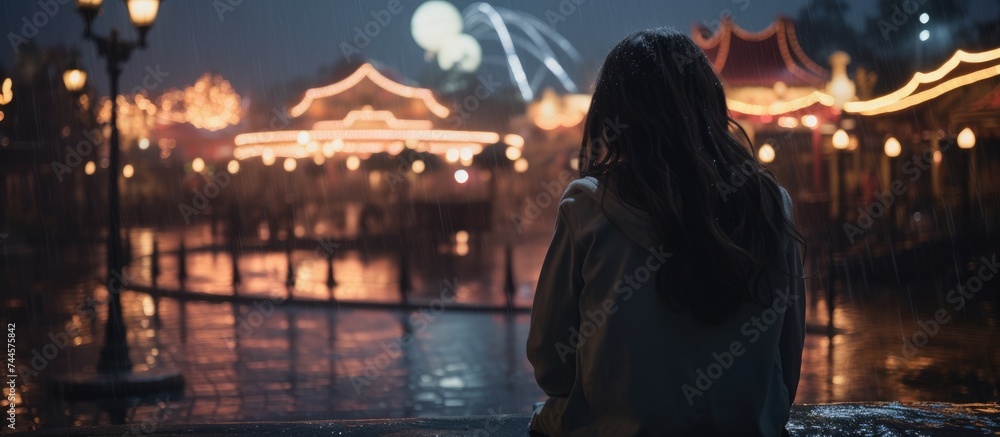Lonely girl without friends at theme park feeling sad Lonely girl without friends at theme park feeling sad