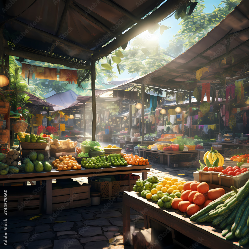 Vibrant market stalls with fresh fruits and vegetables