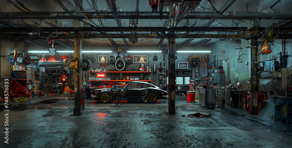 old abandoned factory, a mechanic performing routine maintenance on a car in an auto repair shop, checking fluids and inspecting components for optimal performance High-resolution