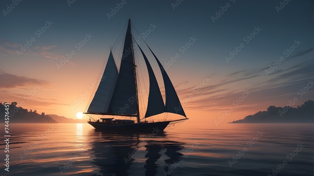 Illustration created by generative AI depicting a picturesque scene of a sailboat with a wooden deck and a mast with rope, drifting on a rippling black sea under a hazy sunset sky.