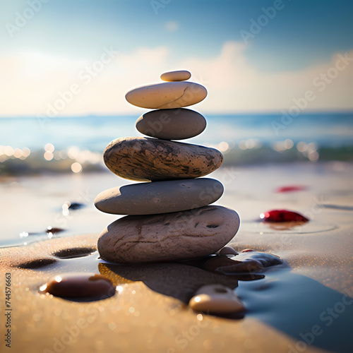 Zen stones stacked on a beach