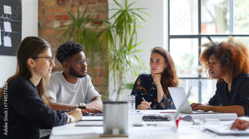 Innovative Tech Group Meeting in Sleek Office Environment