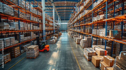 Interior modern logistics warehouse, a hub of supply chain efficiency, racks and pallets of goods, inventory management and storage solutions, transportation, warehouse, logistics management, shipping