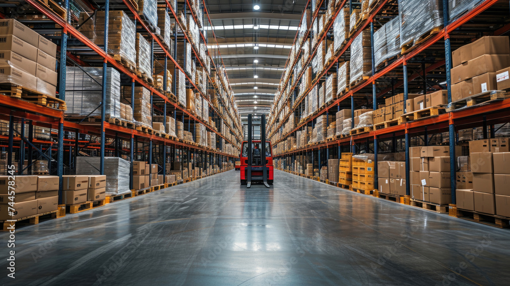 Interior modern logistics warehouse, a hub of supply chain efficiency, racks and pallets of goods, inventory management and storage solutions, transportation, warehouse, logistics management, shipping