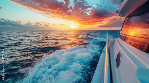 Ocean Voyage at Sunset on Luxury Yacht. View from a yacht sailing at sunset with dramatic sky.