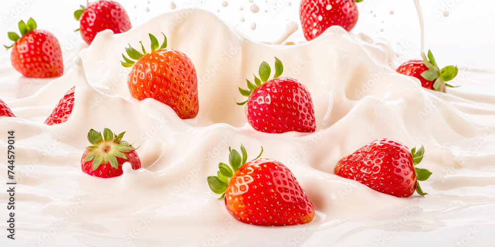 A captivating image of ripe strawberries floating in creamy milk yogurt. The vibrant red of the strawberries contrasts beautifully with the pure white yogurt. A captivating image of ripe strawberries floating in creamy milk yogurt. The vibrant red of the strawberries contrasts beautifully with the pure white yogurt.