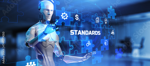 Standard quality control certification standardisation. Robot pressing button on screen 3d render.