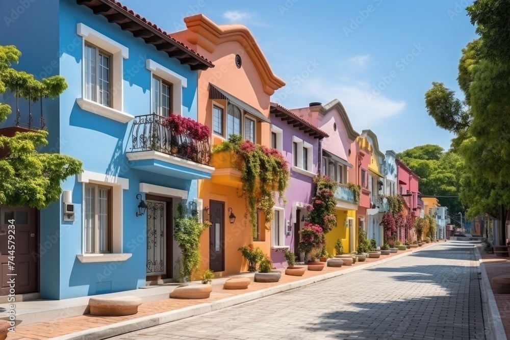 Colorful houses. multi-colored, bright architecture. old buildings and structures. street in a European city.