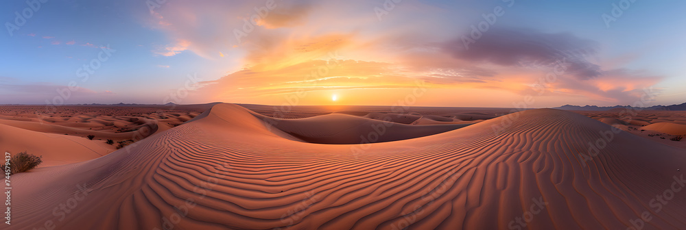 An awe-inspiring panorama of the Dammam desert at sunrise, capturing the soft hues of dawn as they wash over the undulating sand dunes. 