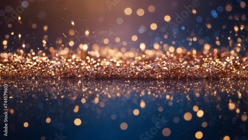 abstract glitter lights as the background. Modify the colors to rose gold and sapphire blue while preserving the de-focused appearance. Display it in a banner format. 