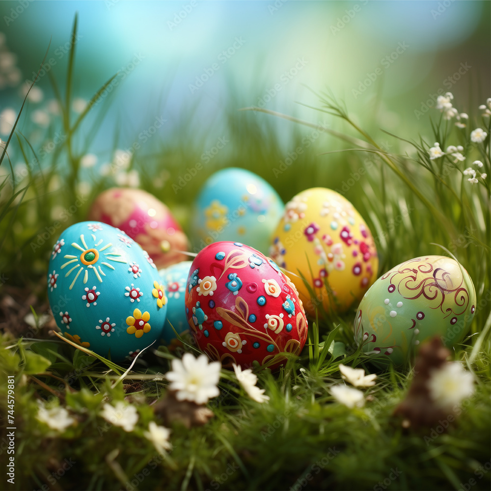 Colorful easter eggs on green grass nature