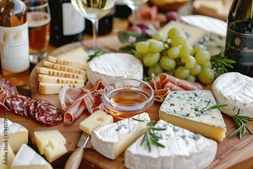 Cheese platter with various types of cheese, meat and wine.