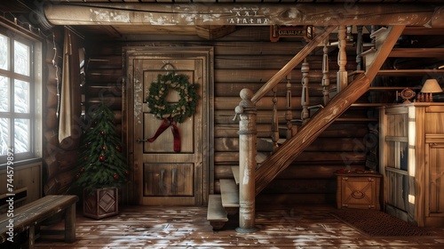 A rustic wooden staircase inside a cozy cabin  adorned with handcrafted ornaments.