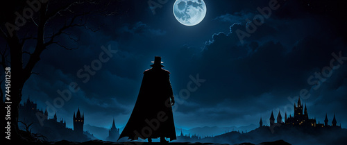 The moon over the castle. A man wearing a fedora and a long cape stands alone in the night sky with a full moon. Illustration of Dracula's back. photo