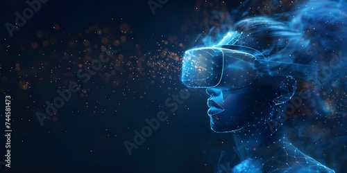 A person wearing a virtual reality headset in front of a dark background, VR Experience with Vision Pro Background, virtual reality background, vision pro, wireframe technology background