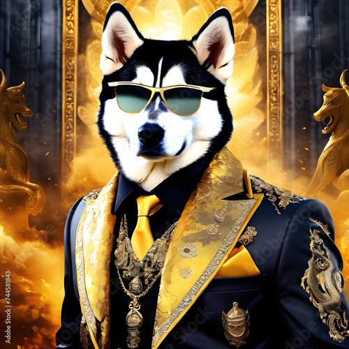 Meet the super stylish and cool male husky, dressed to the nines in a sleek gangster suit complete with a golden dragon motif. He exudes an air of confidence as he struts down the street in his sharp  photo