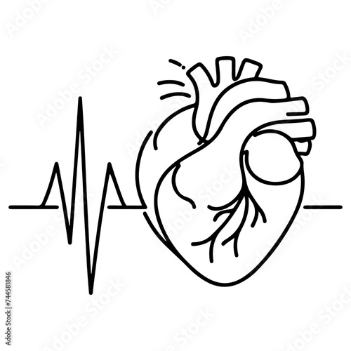 Heart beat with Wave graph pulse. Medicine concept. Continuous single black Lines drawing of doodle hand drawn Heart cardiogram icon Symbol in linear style Vector
