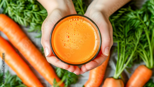 Female hands hold glass with fresh carrot juice against kitchen table with natural young carrots. Healthy food. Concept of vegan or vegetarian diet, detox, organic vegetables and harvest photo