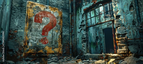 Question mark at abandoned wall building. Generative AI technology.