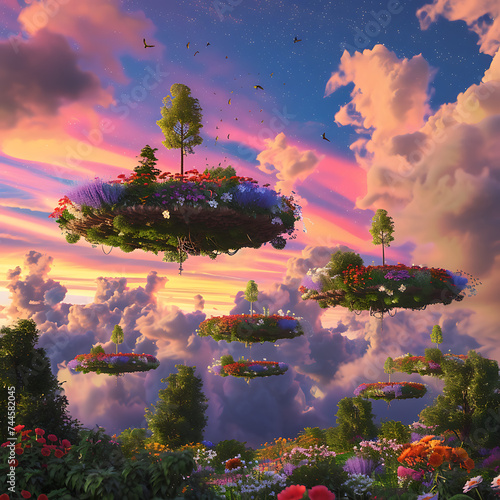 Countryside garden with beds as floating islands in a vibrant, surreal sky.