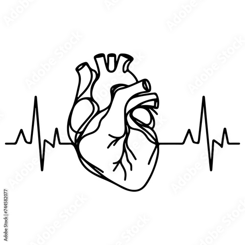 Heart beat with Wave graph pulse. Medicine concept. Continuous single black Lines drawing of doodle hand drawn Heart cardiogram icon Symbol in linear style Vector