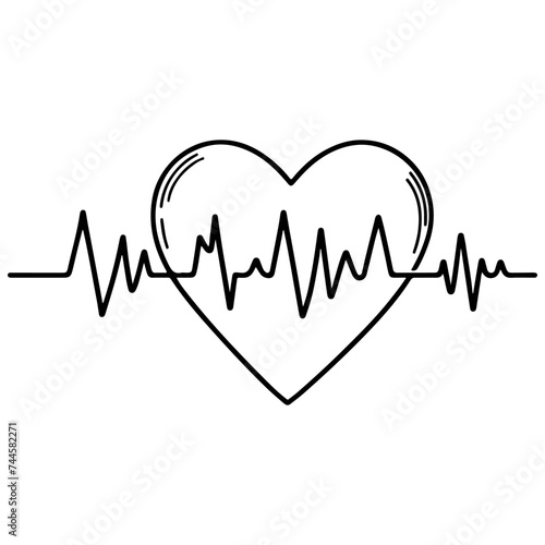 Heart beat with Wave graph pulse. Medicine concept. Continuous single black Lines drawing of doodle hand drawn Heart cardiogram icon Symbol in linear style Vector