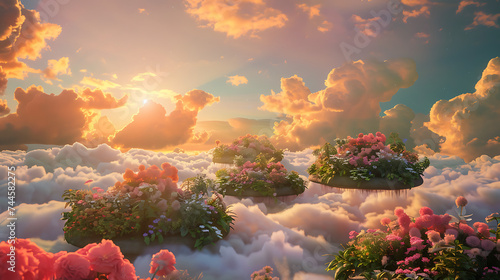Countryside garden with beds as floating islands in a vibrant  surreal sky.