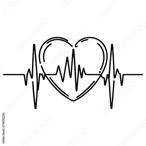 Heart beat with Wave graph pulse. Medicine concept. Continuous single black Lines drawing of doodle hand drawn Heart cardiogram icon Symbol in linear style Vector