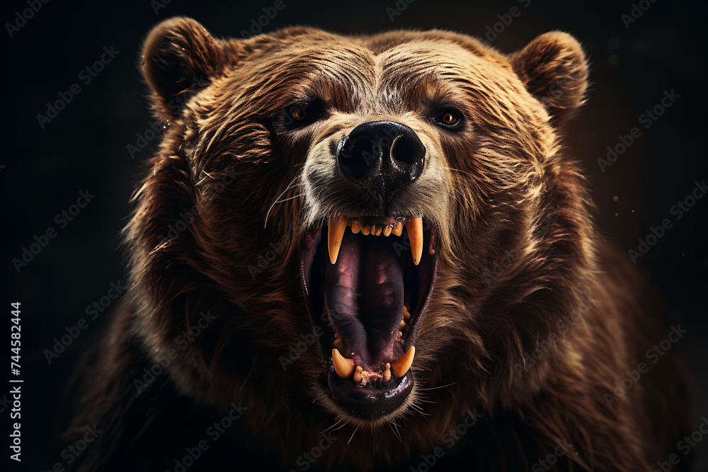Angry big brown bear with open mouth in forest. Halloween concept - obrazy, fototapety, plakaty 