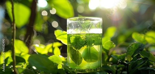 A bright drink in a transparent cup, shining under the sun amidst lush greenery.