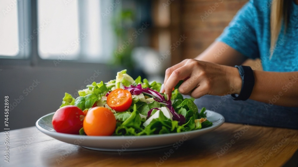 a fit woman is eating a salad in the kitchen a fit woman is eating a salad in the kitchen