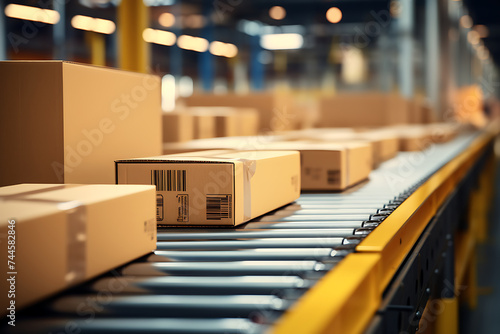 Cardboard boxes on conveyor belt in warehouse. 3D rendering