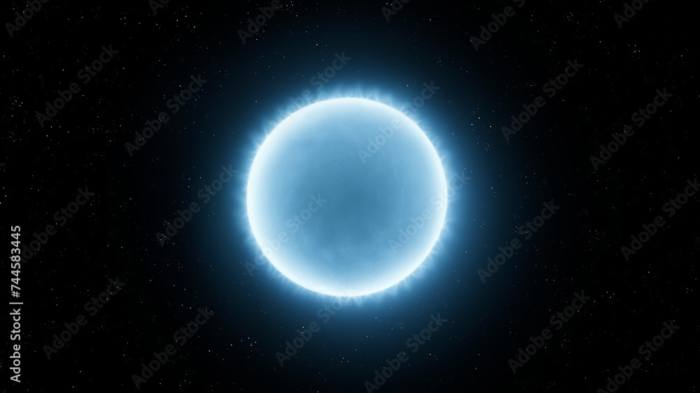 Hot star isolated. Bright blue star in space. Unstable blue supergiant on a black background. Hot young sun.