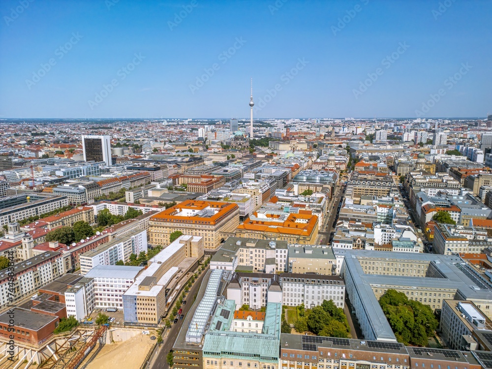 The drone aerial view of the television tower （Fernsehturm） and downtown district of Berlin, Germany.