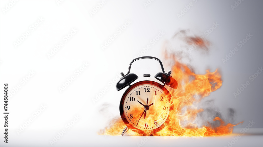 A burning alarm clock on a white background - a symbol of time pressure, deadlines or deadline stress. The flames on the alarm clock indicate a hectic pace, haste and the pressure to complete a task. - obrazy, fototapety, plakaty 