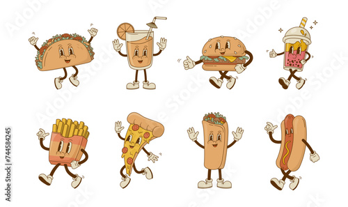 Set of retro cartoon fast food and drink characters vector illustration. Vintage pizza, hot dog, burger, taco, smoothie, gyros mascot on white background.