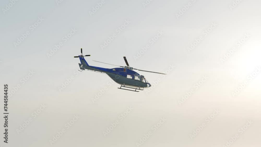 A 3D-rendered helicopter gracefully glides through the sky during sunset, its silhouette beautifully outlined against the vibrant hues of dusk. With cinematic precision, the camera captures sweeping v A 3D-rendered helicopter gracefully glides through the sky during sunset, its silhouette beautifully outlined against the vibrant hues of dusk. With cinematic precision, the camera captures sweeping v