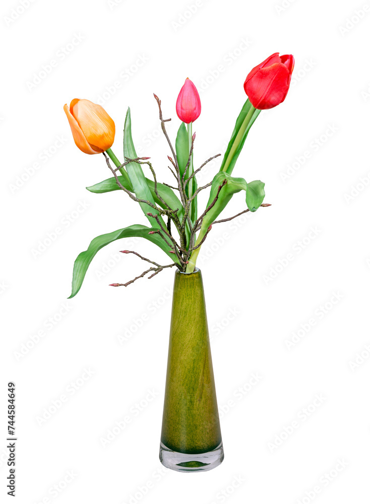 Spring deco with artificail tulips isolated on white